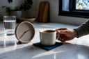 Coffee cup beside clock before bedtime