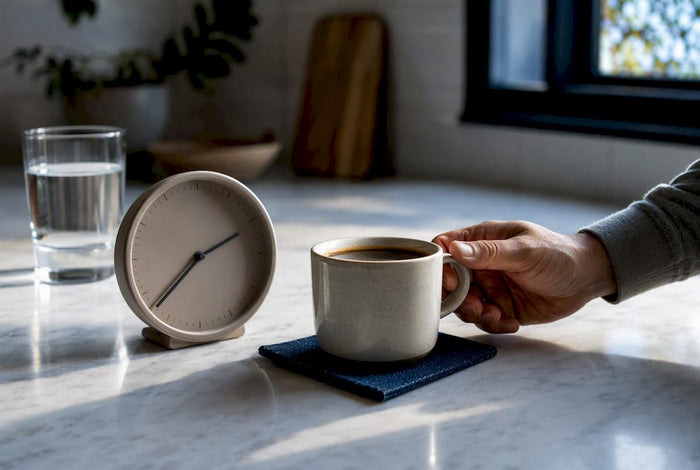 Coffee cup beside clock before bedtime