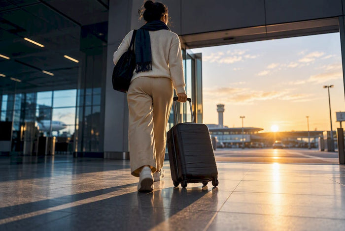 Traveler entering daylight after flight