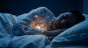 A sleeping figure in white linen illuminated by deep blue and warm ambient light, with subtle glowing filaments suggesting cellular regeneration and biological activity during sleep.
