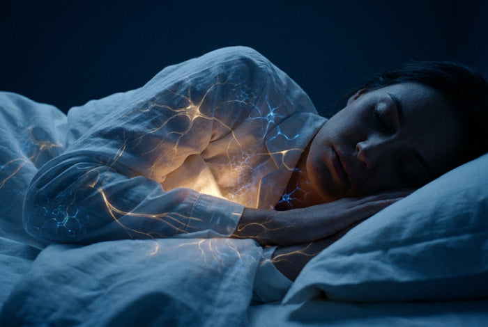 A sleeping figure in white linen illuminated by deep blue and warm ambient light, with subtle glowing filaments suggesting cellular regeneration and biological activity during sleep.