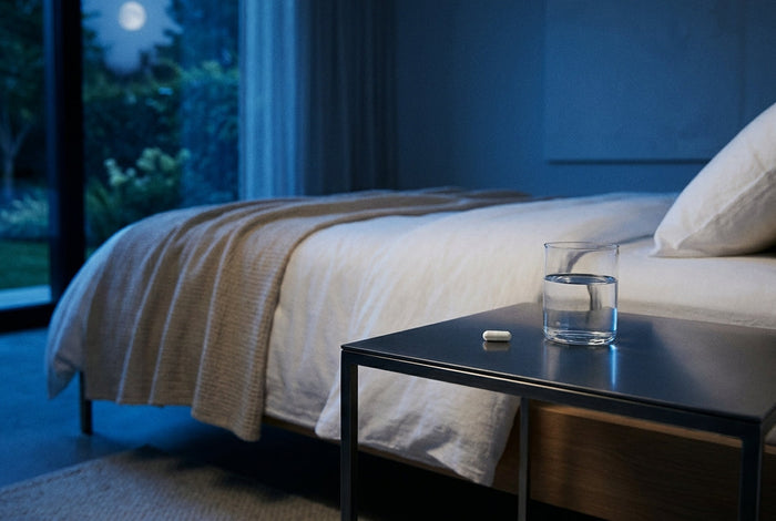 A minimalist nighttime bedroom scene with cool blue ambient lighting, crisp white bedding, and a clean nightstand with a glass of water and a single wellness capsule.